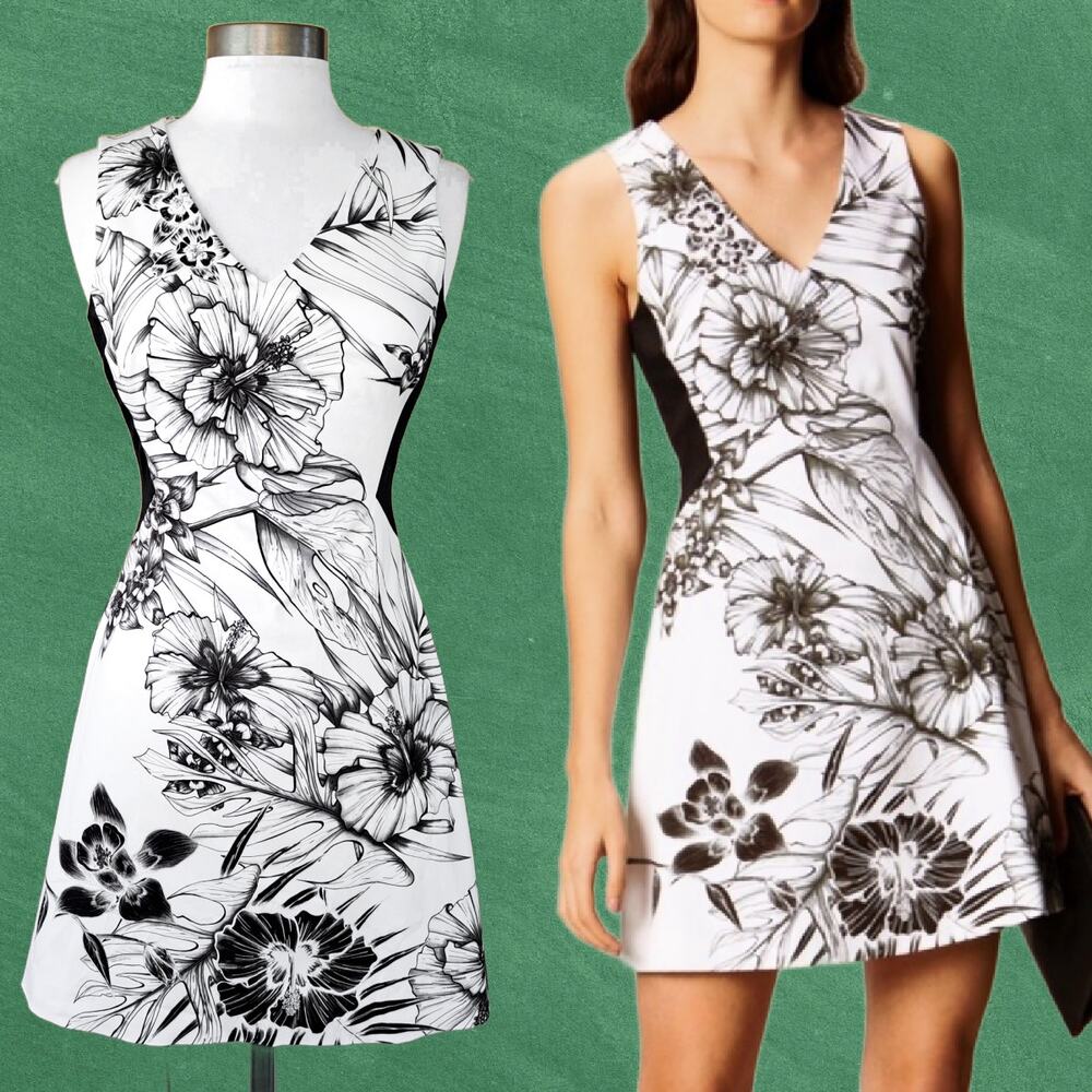 KAREN MILLEN White & Black Tropical Floral A-line Mini Dress Size 4 Sleeveless